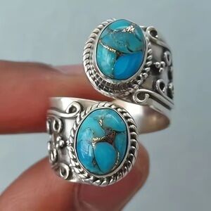 Vintage Wrap Ring Silver Plated Delicate Carving On The Surface Inlaid Turquoise